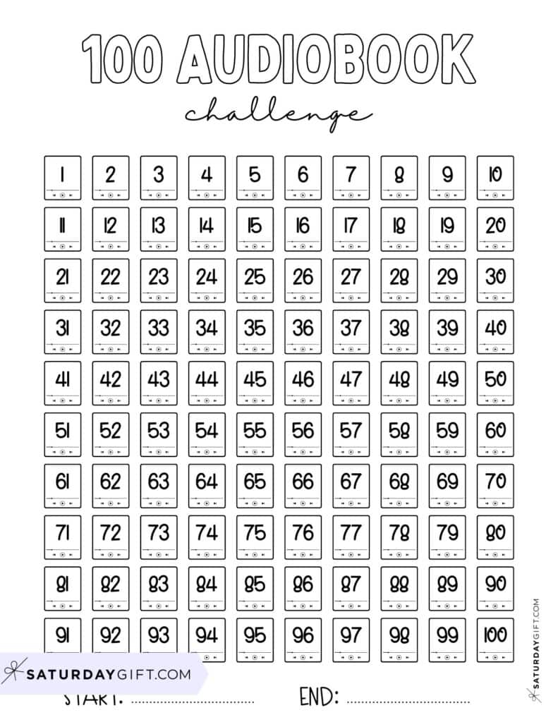 100 Audiobook Reading Challenge Template Numbered Black & White