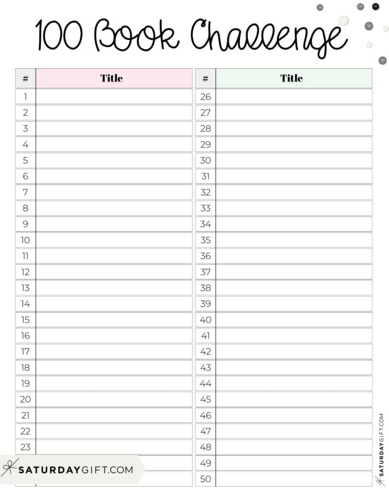100 Book Challenge Printable Free 1-50