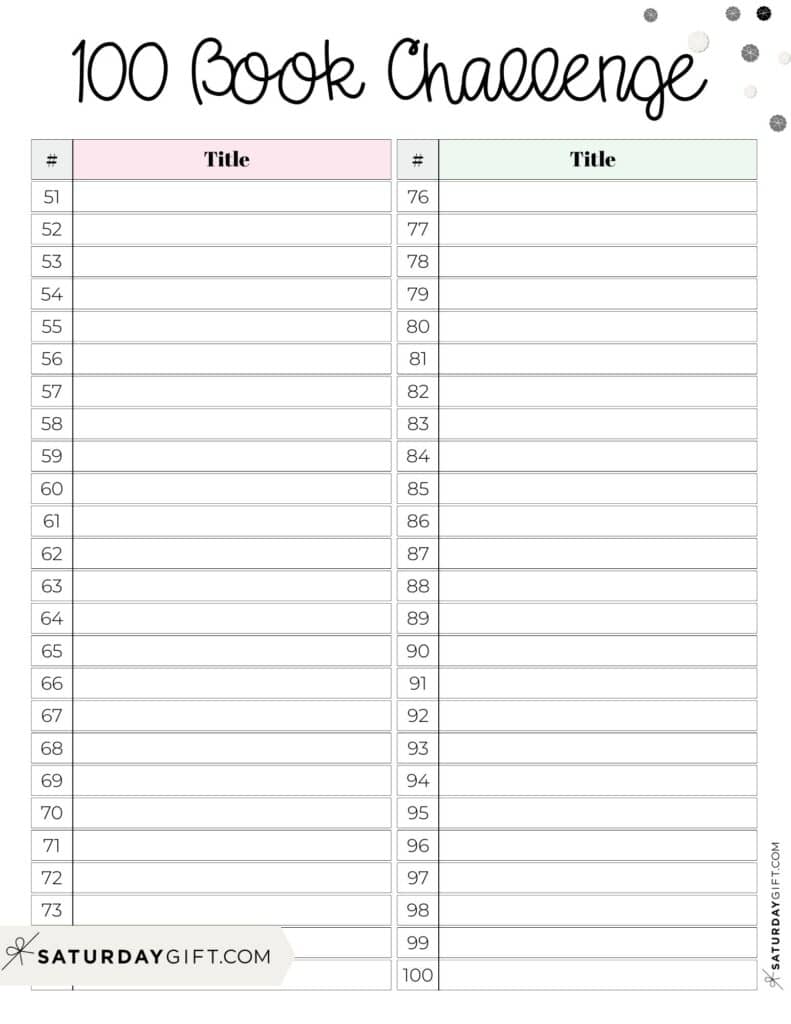 100 Book Challenge Printable Free 51-100