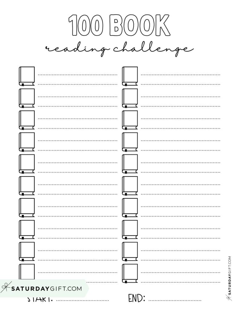 100 Book Reading Challenge Printable Free Blank Black & White List