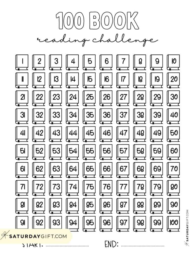 100 Book Reading Challenge Template Numbered Black & White