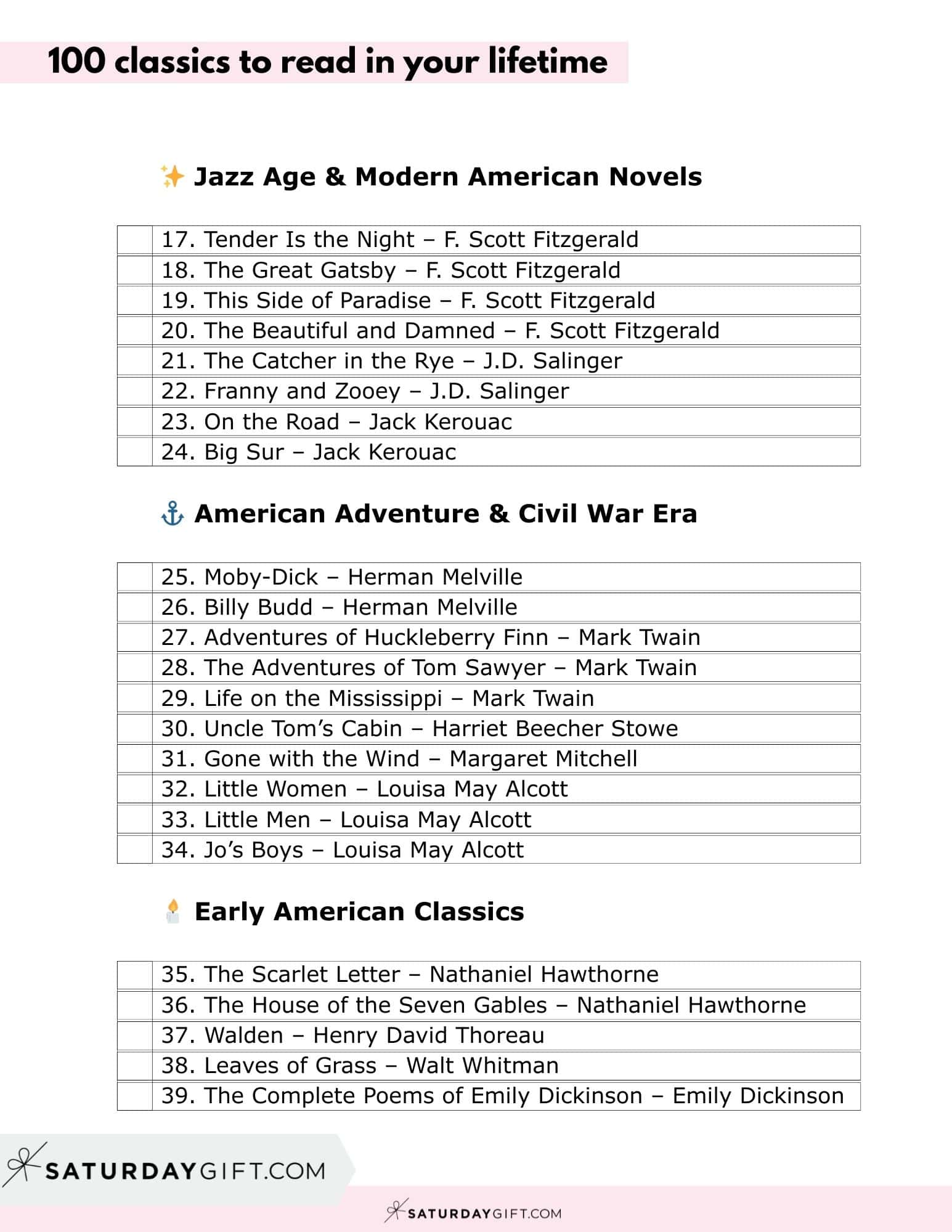 100 Classics To Read In Your Lifetime Printable List