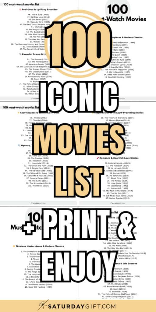 100 Iconic Movies List + Print and Enjoy | SaturdayGift