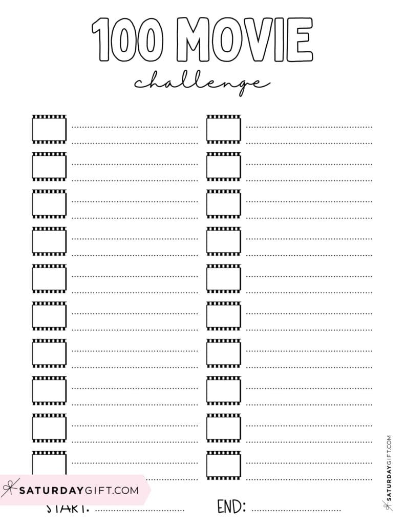 100 Movie Watching Challenge Printable Free Blank Black & White List