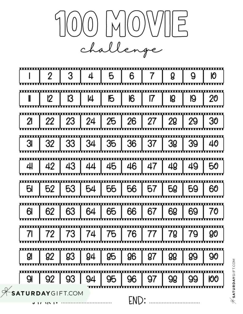 100 Movie Watching Challenge Template Numbered Black & White