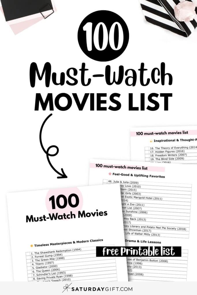 100 Movies to Watch Printable List | SaturdayGift