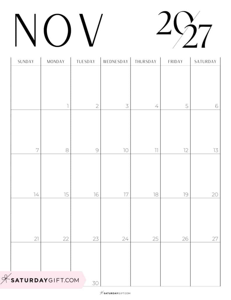 Chic Black and White November 2027 Calendar Free Printable Portrait Sunday-Start | SaturdayGift