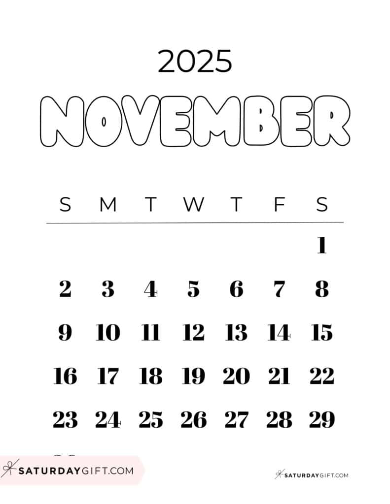 November 2025 Calendar - 20 Cute & FREE Printables | SaturdayGift