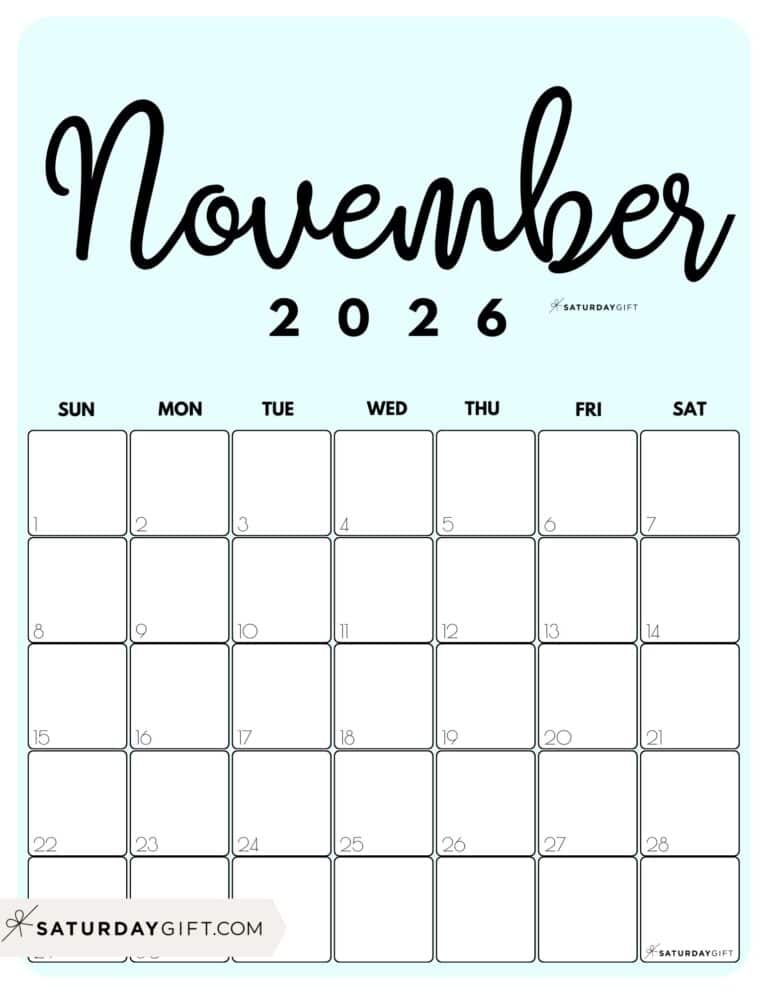 November 2026 Calendars 21 Cute Free Printable PDFs by SaturdayGift