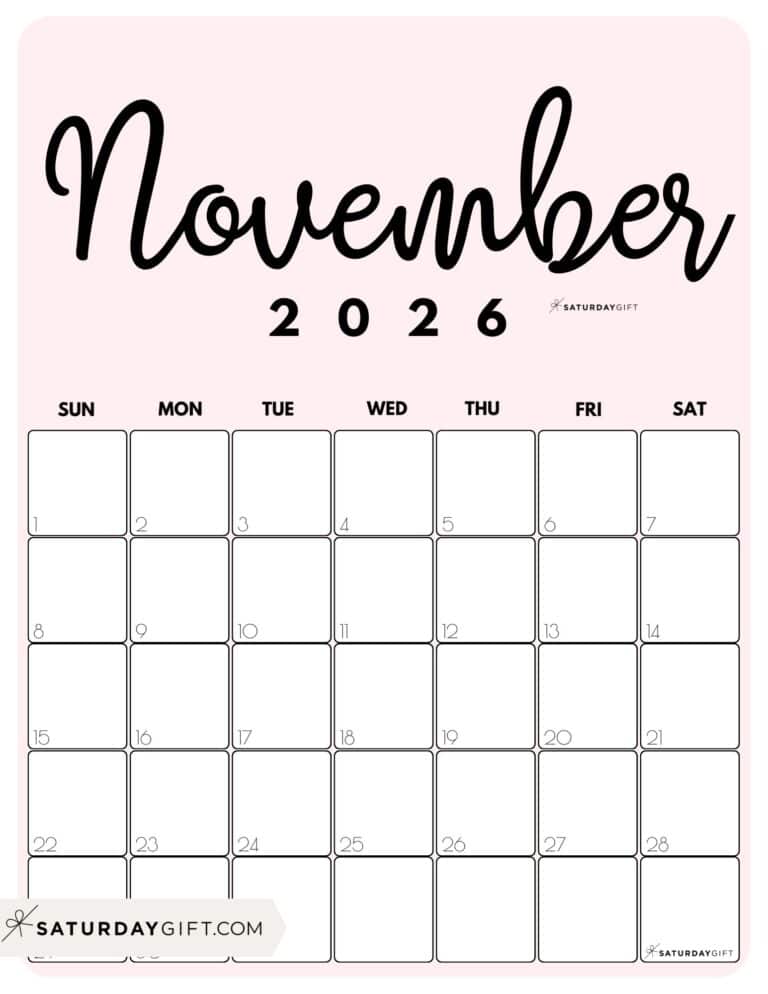 November 2026 Calendars 21 Cute Free Printable PDFs by SaturdayGift