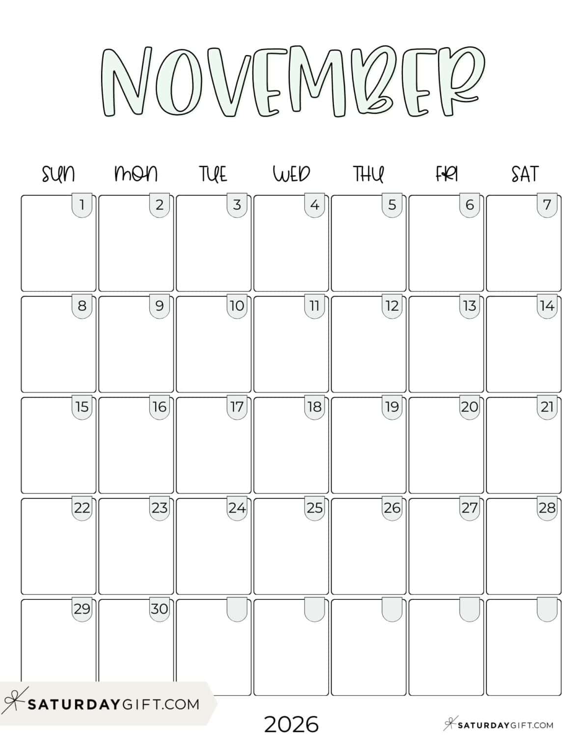 November 2026 Calendars 21 Cute Free Printable PDFs by SaturdayGift