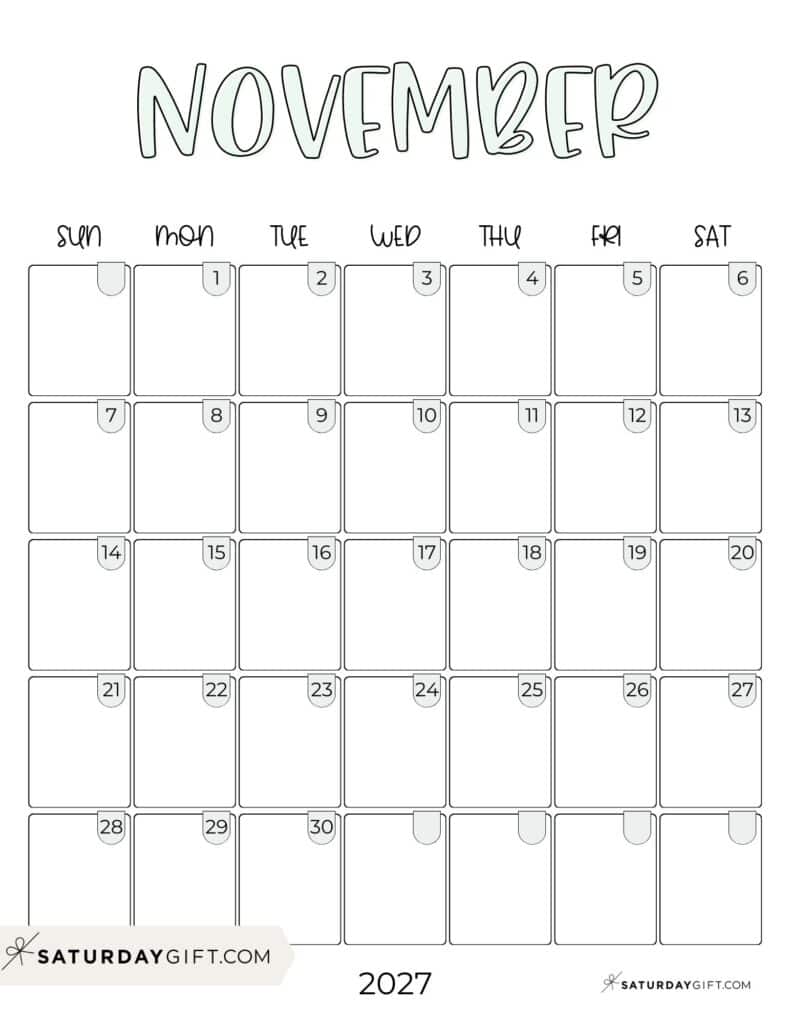 Cute Simple November 2027 Calenda Aesthetic Free Printable PDF Sunday Star | SaturdayGift