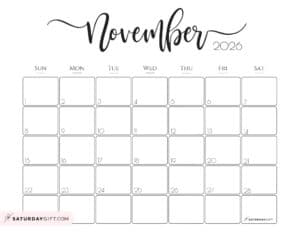 Elegant Printable Calendar 2026 by SaturdayGift - Readers' Favorite!