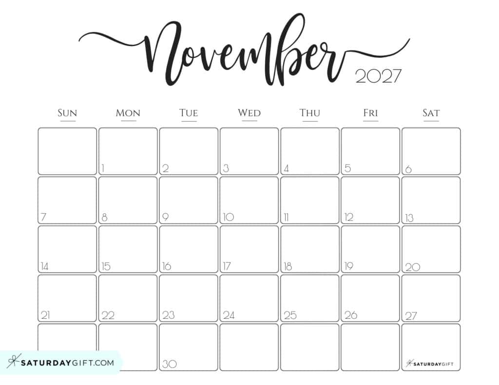 Elegant November 2027 calendar Free Printable Horizontal Landscape Black & White Sunday-Start | SaturdayGift