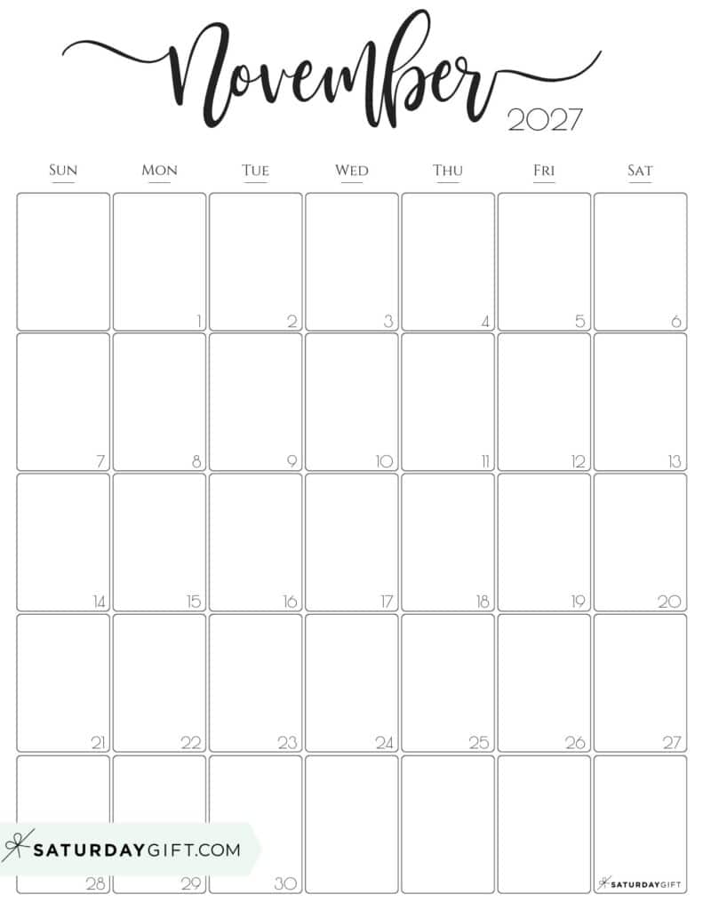 Elegant November 2027 Calendar Free Printable Vertical Portrait Black White Sunday Start | SaturdayGift