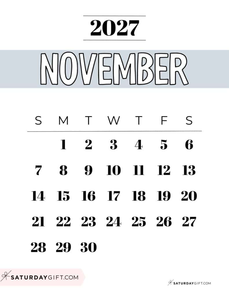 Free Printable Grey November 2027 Calendar Template PDF Sunday-Start | SaturdayGift