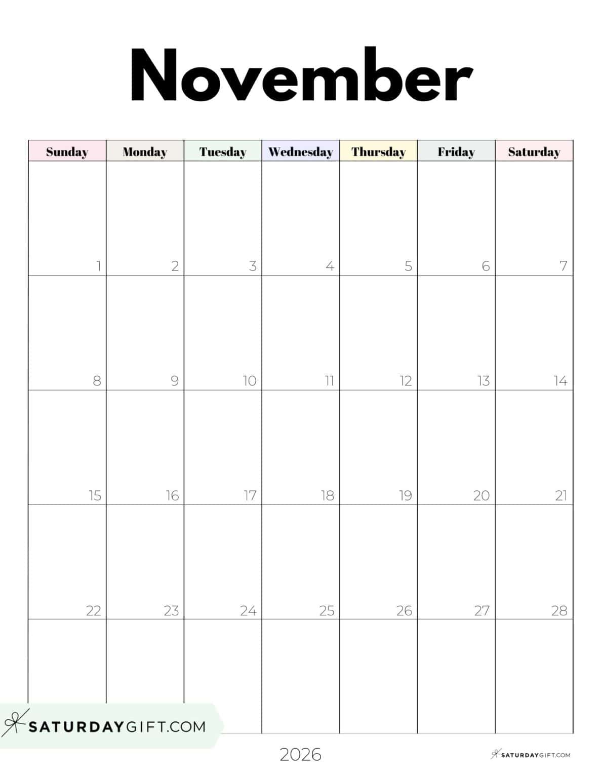 November 2026 Calendars 21 Cute Free Printable PDFs by SaturdayGift