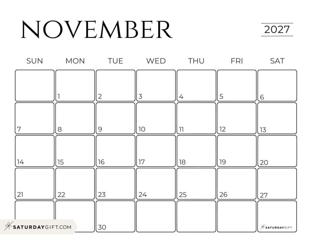 Simple Horizontal November 2027 Calendar Free Printable Business Calendar Black & White Sunday-Start | SaturdayGift