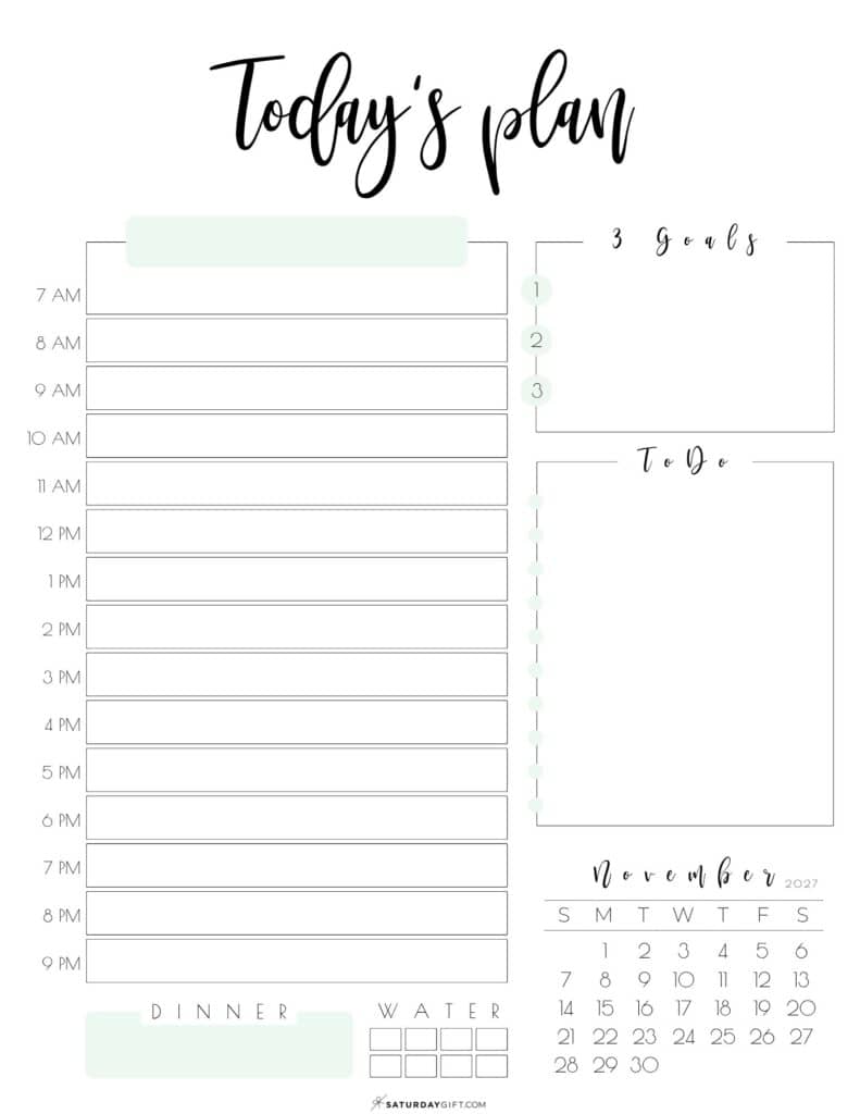 11 Today's Plan of Action Daily Planner November 2027 Sunday-start Green by SaturdayGift