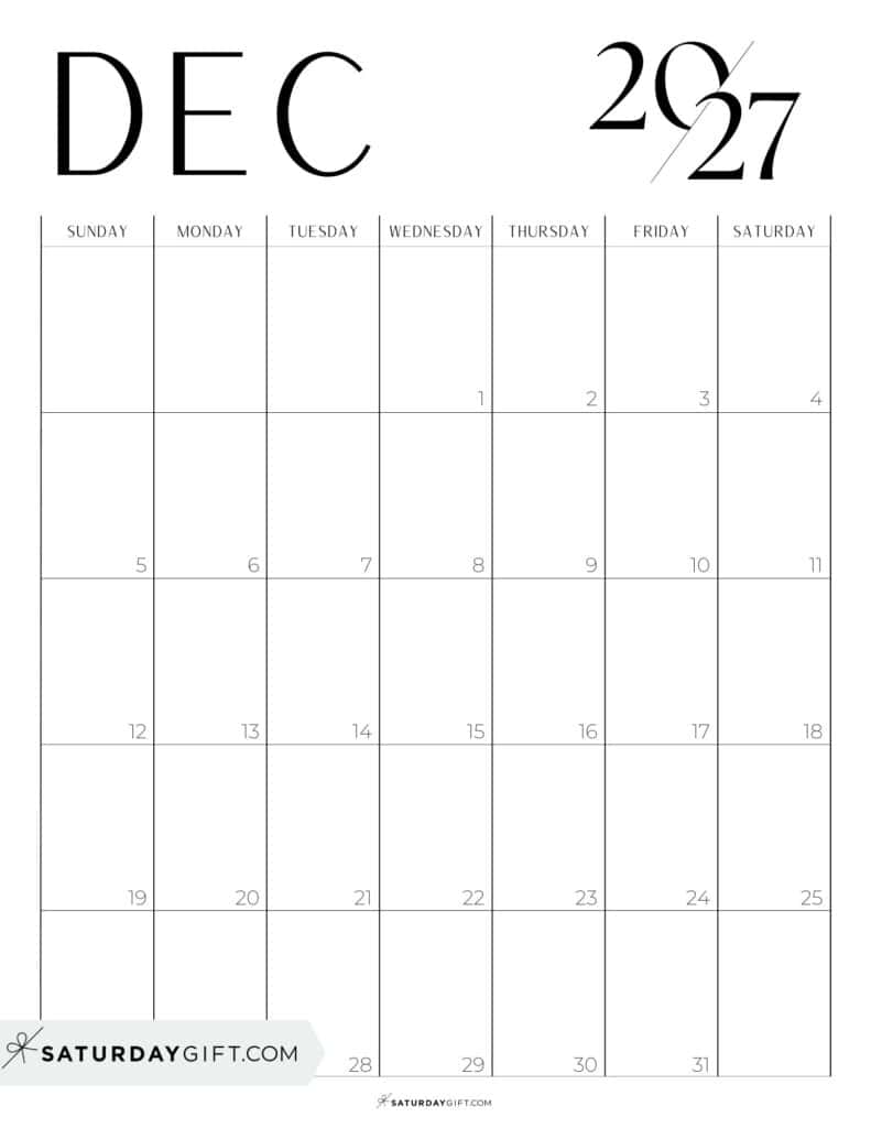 Chic Black and White December 2027 Calendar Free Printable Portrait Sunday-Start | SaturdayGift