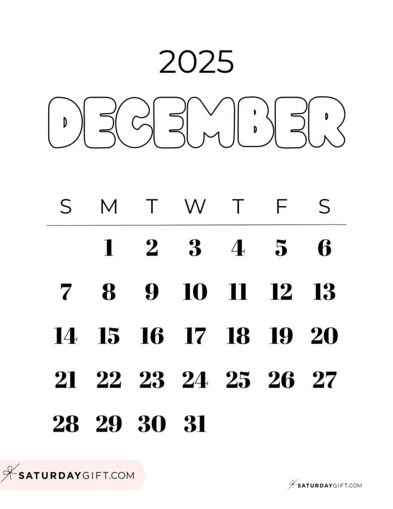 December 2025 Calendar - 20 Cute & FREE Printables | SaturdayGift