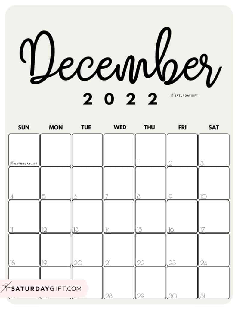 Cute Printable December 2022 Calendar by Month Beige Vertical Sunday-start | SaturdayGift