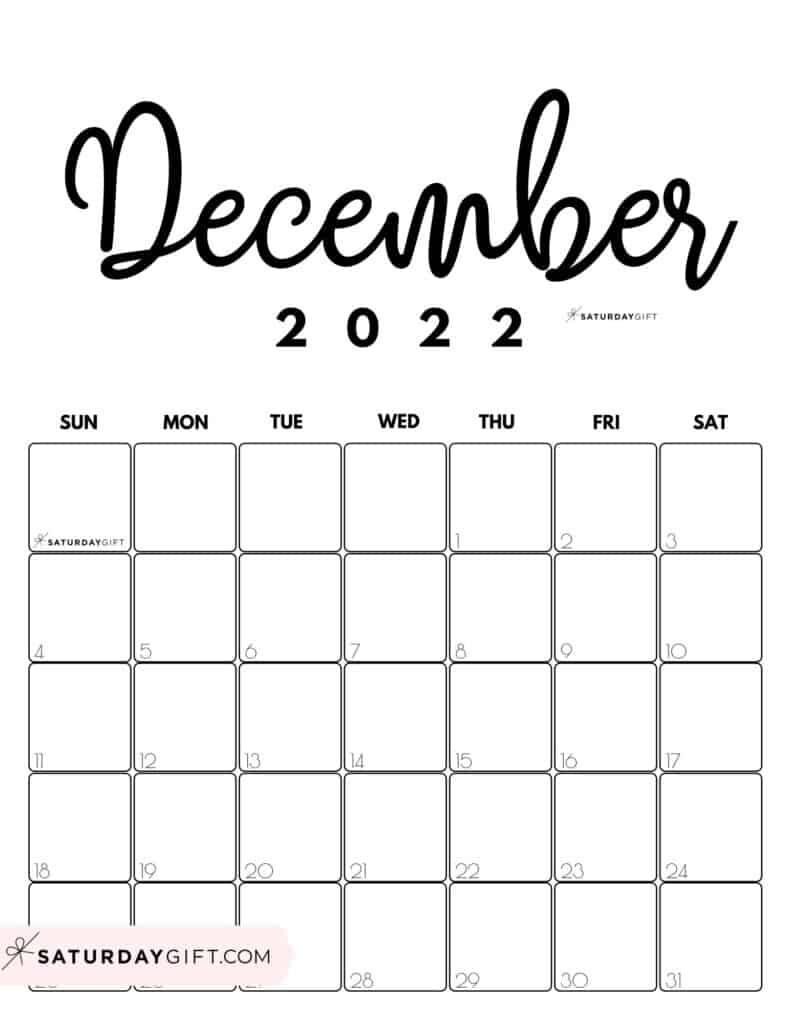 Cute Printable December 2022 Calendar by Month Black & White Vertical Sunday-start | SaturdayGift