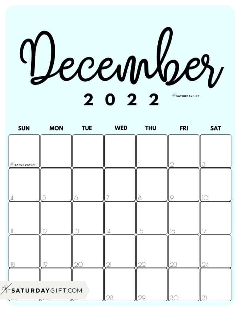 Cute Printable December 2022 Calendar by Month Blue Vertical Sunday-start | SaturdayGift