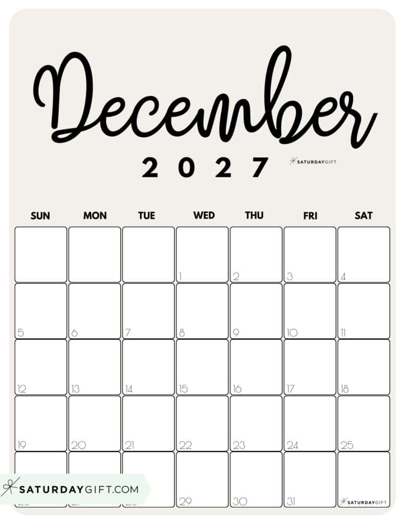 Cute Printable December 2027 Calendar by Month Beige Vertical Sunday-start | SaturdayGift