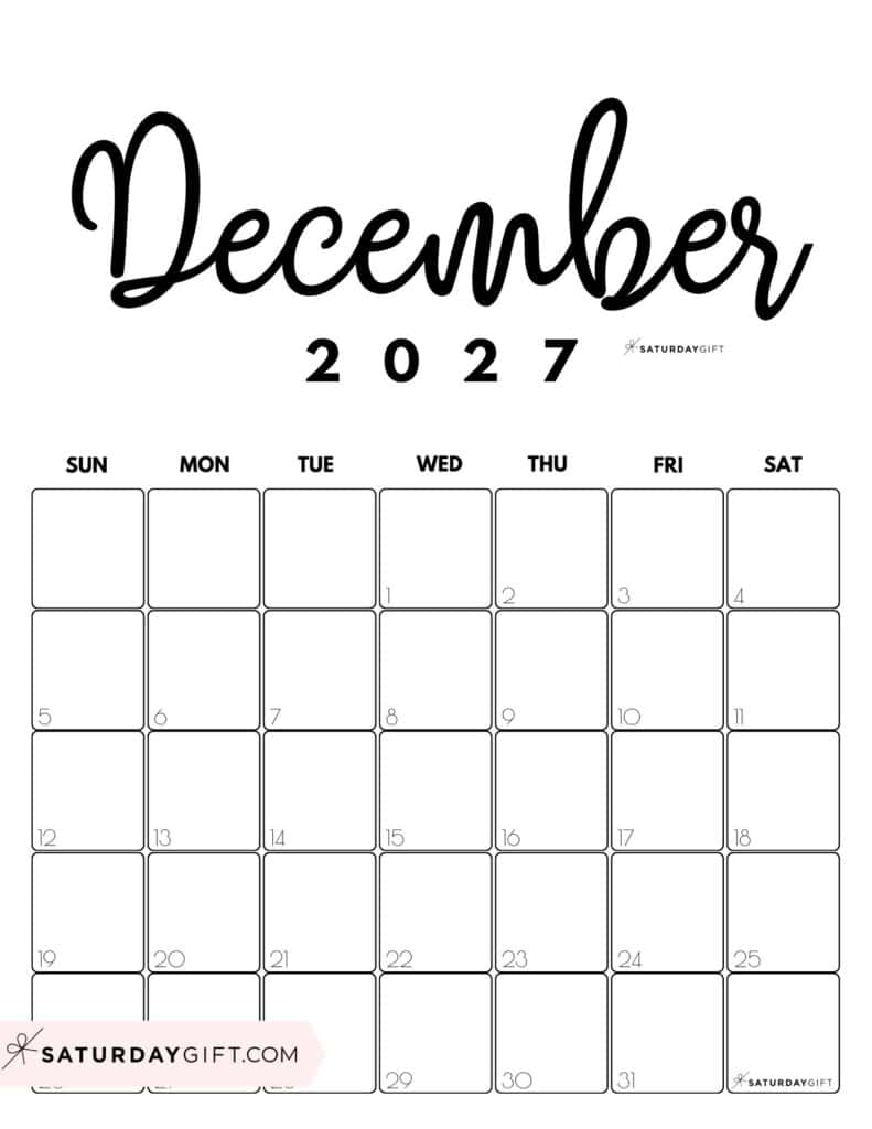 Cute Printable December 2027 Calendar by Month Black White Vertical Sunday-start | SaturdayGift
