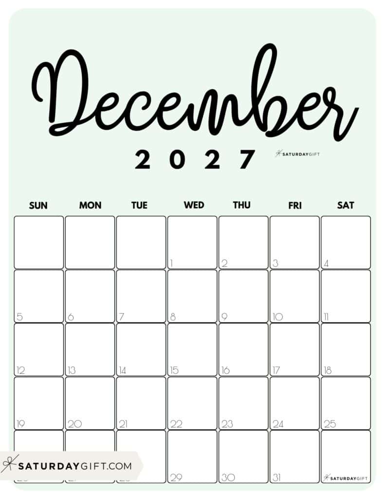 Cute Printable December 2027 Calendar by Month Green Vertical Sunday-start | SaturdayGift