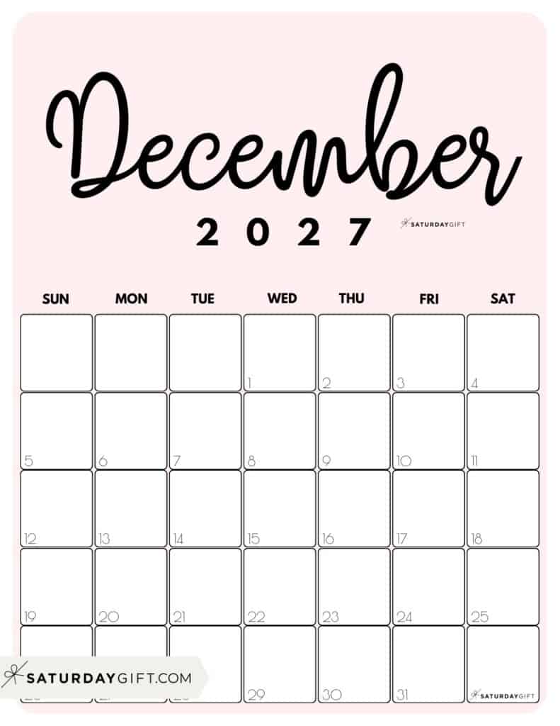 Cute Printable December 2027 Calendar by Month Pink Vertical Sunday-start | SaturdayGift