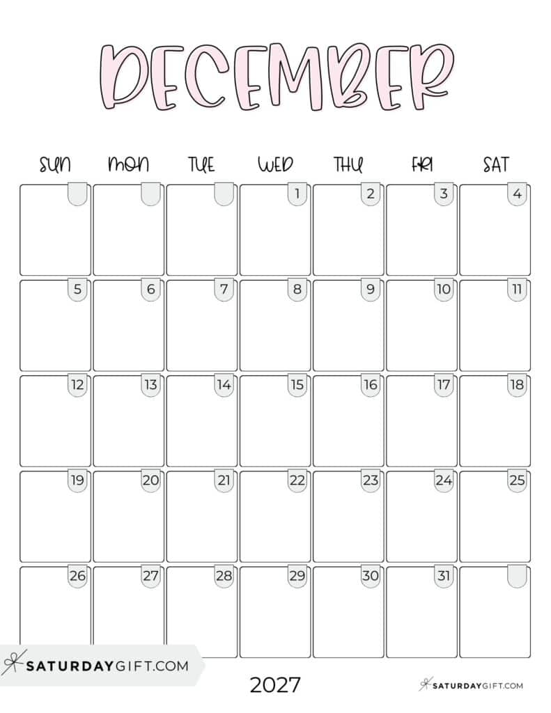 Cute Simple December 2027 Calenda Aesthetic Free Printable PDF Sunday Star | SaturdayGift