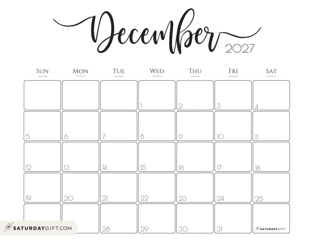 Elegant December 2027 calendar Free Printable Horizontal Landscape Black & White Sunday-Start | SaturdayGift