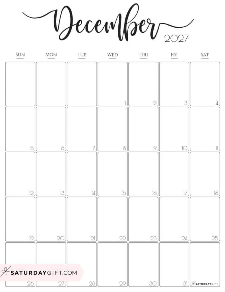 Elegant December 2027 Calendar Free Printable Vertical Portrait Black White Sunday Start | SaturdayGift
