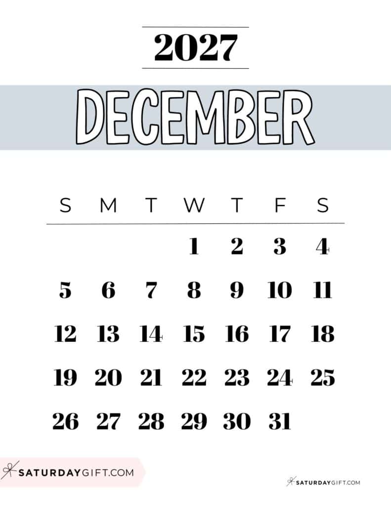 Free Printable Grey December 2027 Calendar Template PDF Sunday-Start | SaturdayGift