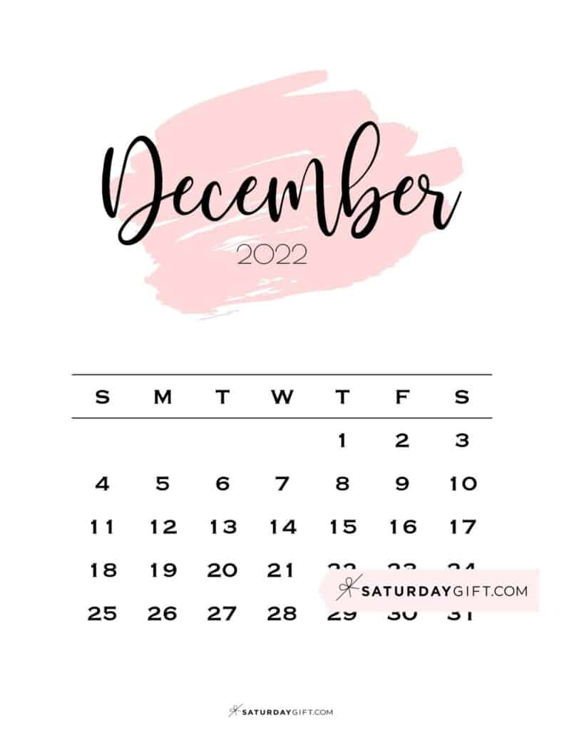 Monthly December 2022 Calendar Minimalistic Pink Brush | SaturdayGift