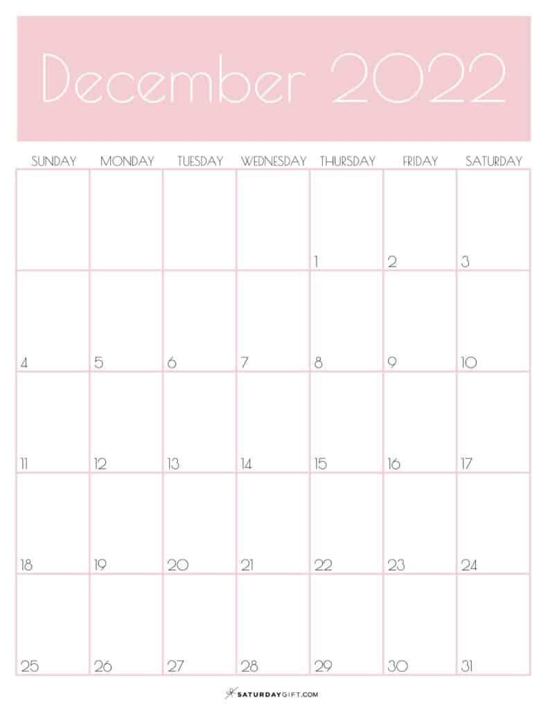 Pink Monthly Goals December 2022 Calendar Vertical Sunday-start | SaturdayGift
