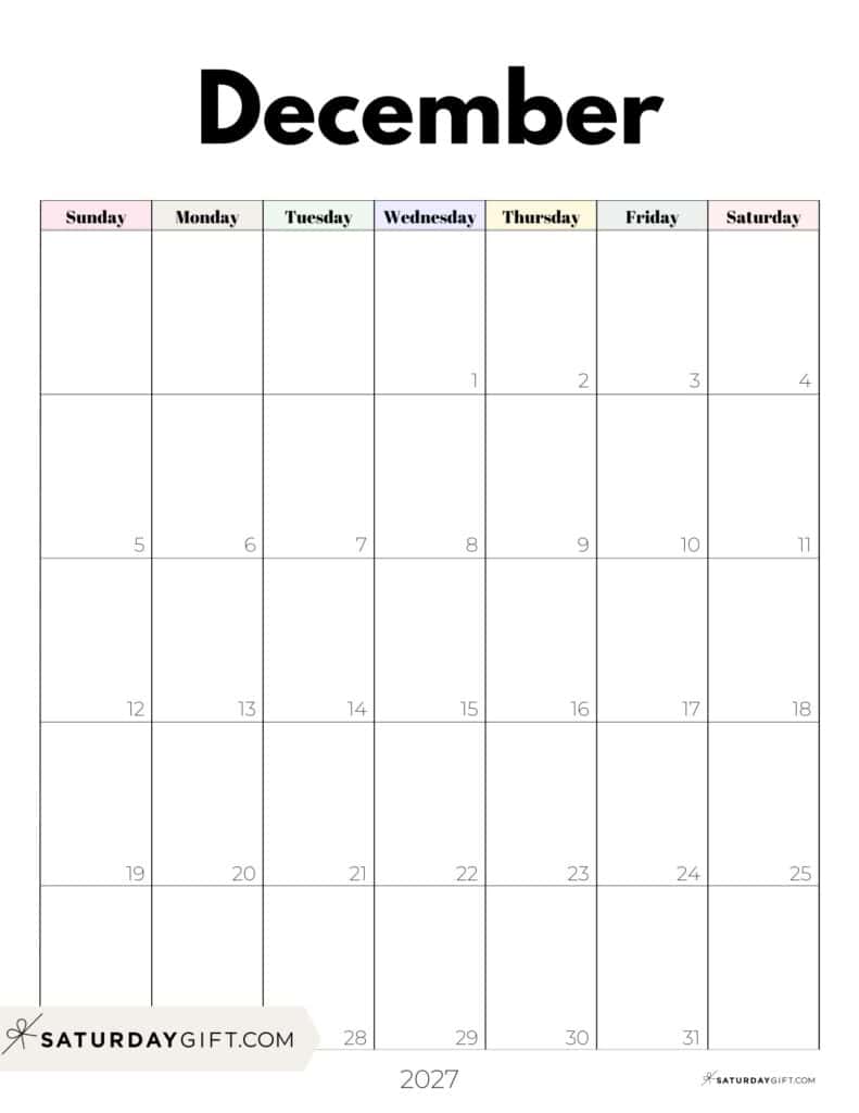 Pretty Pastels December 2027 Calendar Free Printable Portrait Sunday-Start | SaturdayGift
