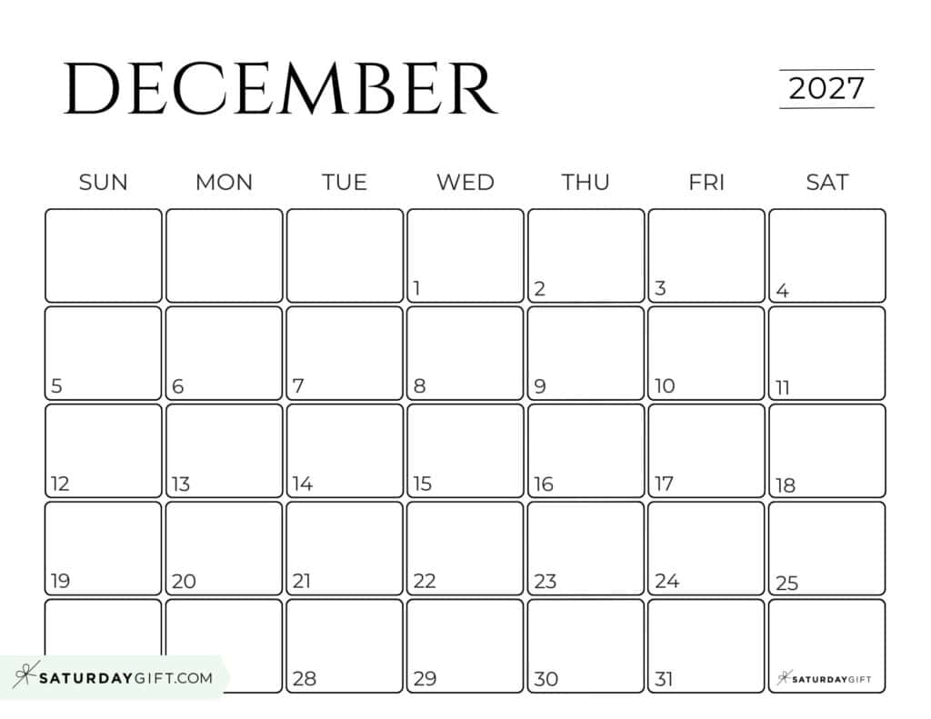 Simple Horizontal December 2027 Calendar Free Printable Business Calendar Black & White Sunday-Start | SaturdayGift