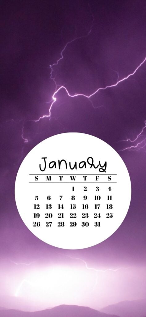 14. Purple Sky with Lightning & January 2025 Calendar Wallpaper SaturdayGift
