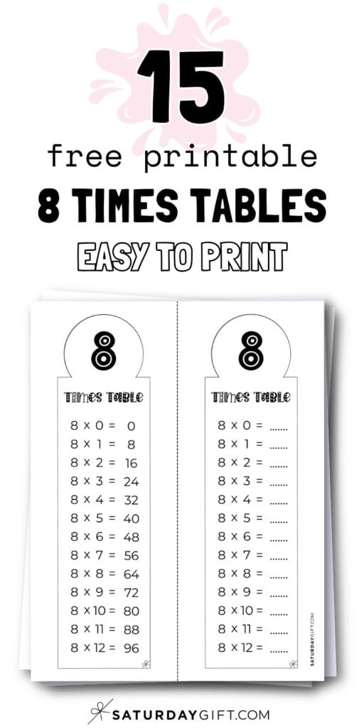 15 Cute Printable 8 Times Tables - Easy to Print | SaturdayGift