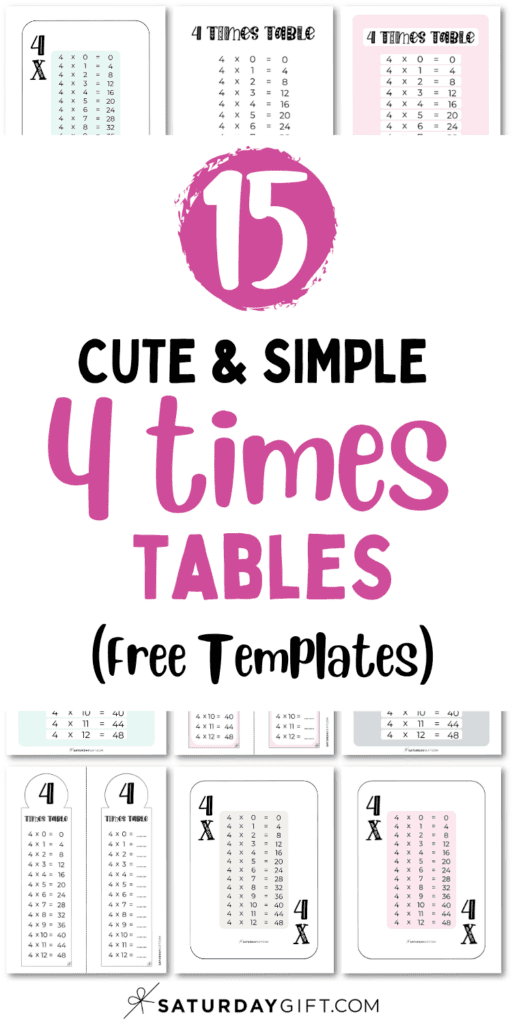15 Cute & Simple 4 Times Tables.- Free Templates | SaturdayGiftpng
