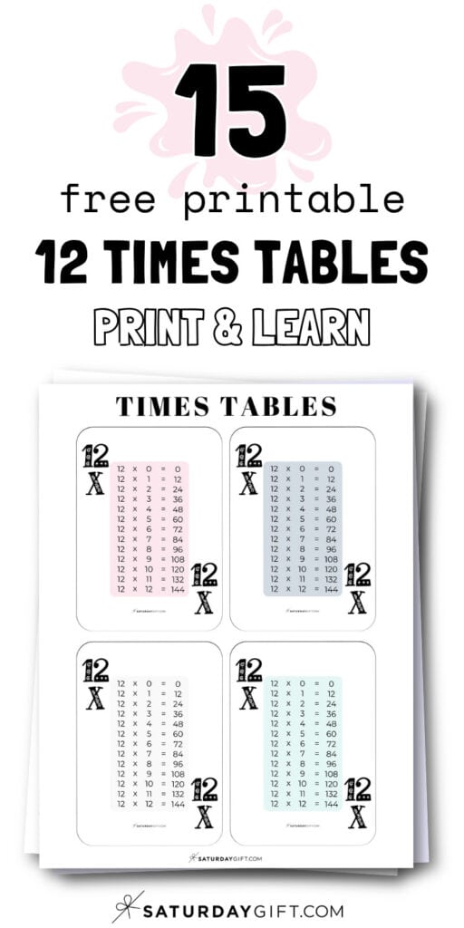15 Free Printable 12 Times Tables - Print & Learn | SaturdayGift