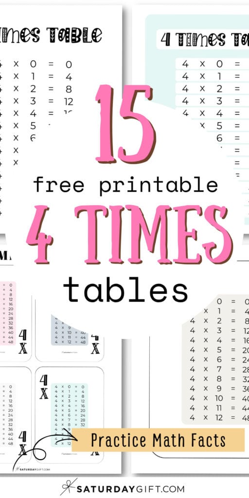 15 Free Printable 4 Times Tables - Practice Math Facts | SaturdayGift