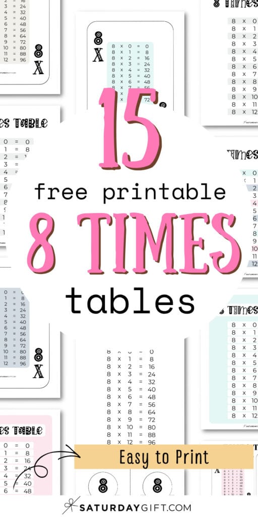 15 Free Printable 8 Times Tables - Easy to Print | SaturdayGift