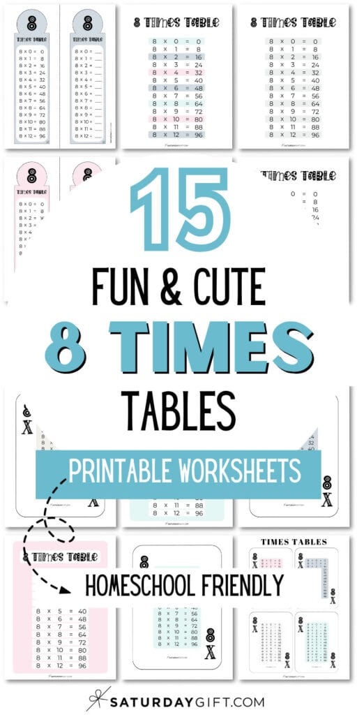 15 Fun & Cute 8 Times Tables Printable Worksheets - Homeschool Friendly | SaturdayGift