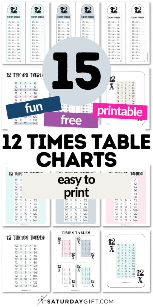 15 Fun & Free 12 Times Table Charts - Easy to Print | SaturdayGift
