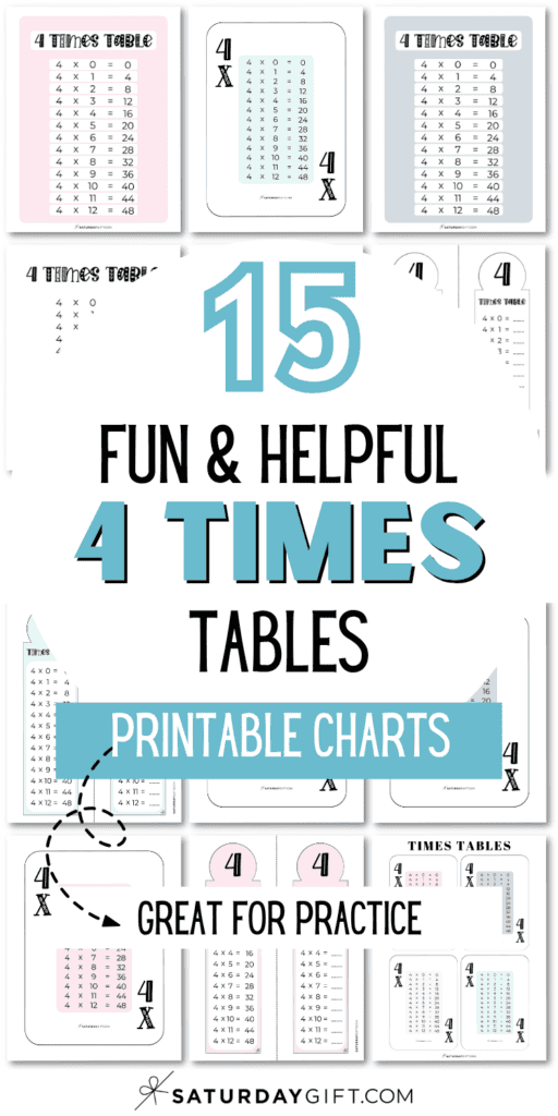 15 Fun & Helpful 4 Times Tables Printable Charts - Great for Practice | SaturdayGift