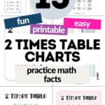 Colorful 2 times table charts for children to practice math facts easily.